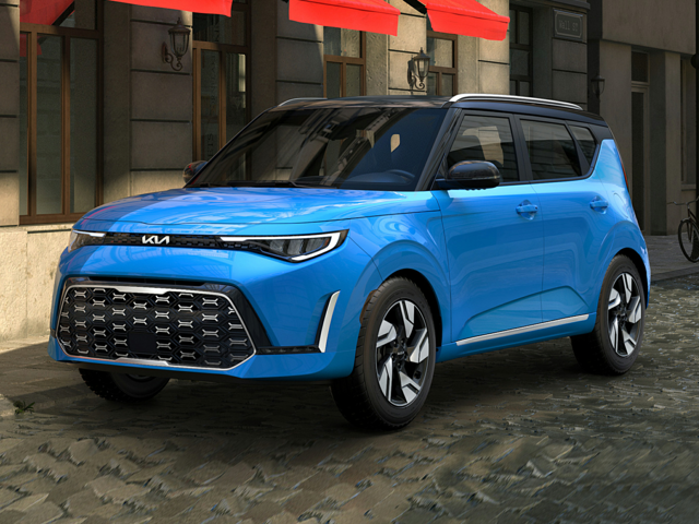 Profile view of a parked sky blue 2023 Kia Soul. | Kia dealer in Bentonville, AR | Crain Kia of Bentonville