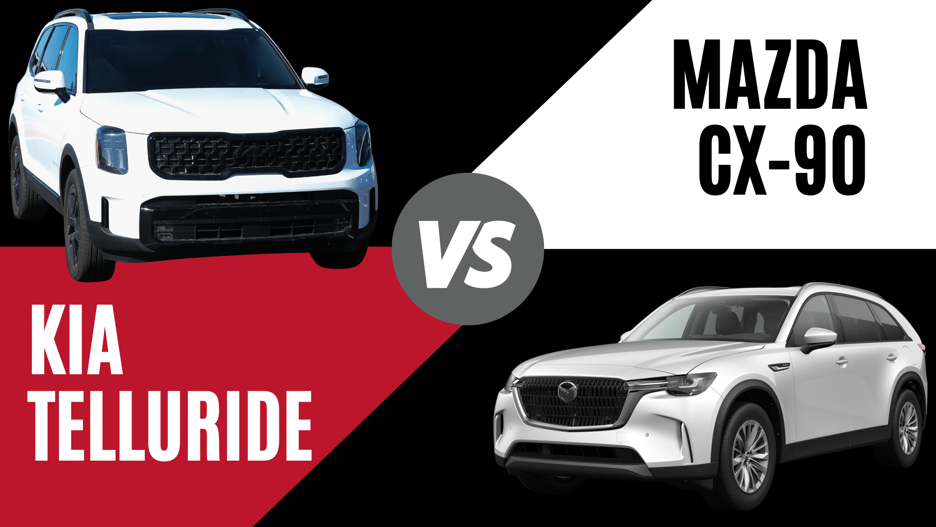 Two 3-Row SUVs - Silver Mazda CX-90 and a White Kia Telluride SUV