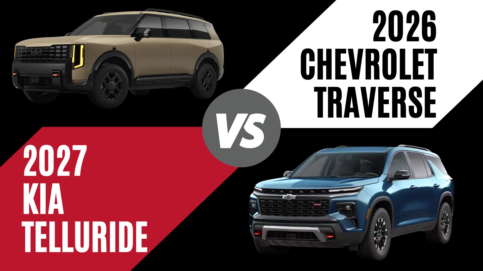 2027 Kia Telluride and 2026 Chevrolet Traverse three-row SUVs compared side by side for families in Bentonville, Arkansas